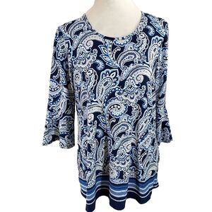 Apt. 9 Shirt Top Size Medium Retro Bell Sleeves Textured Paisley Stretch Blue
